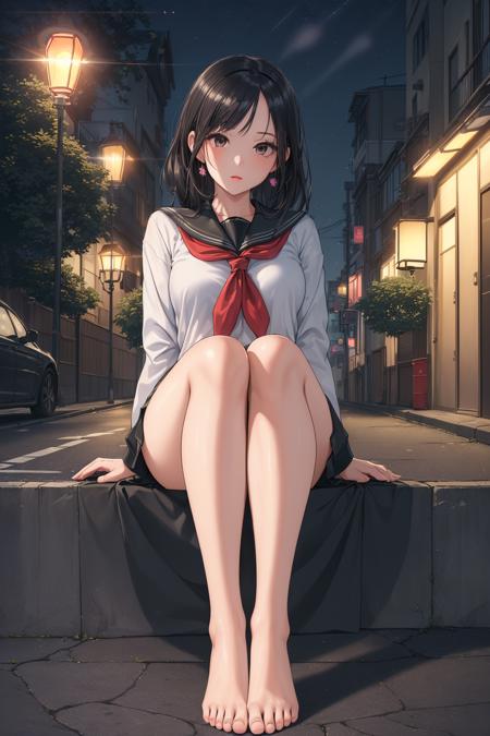 ((masterpiece, high resolution, best quality:1.4, breathtaking, ultra detailed)), (a cute woman in a street while a strong light shines on her and makes everything else dark), perfect feet, serafuku, night, street lamp, sitting, <lora:feetmasterlorav1.2:0.4>