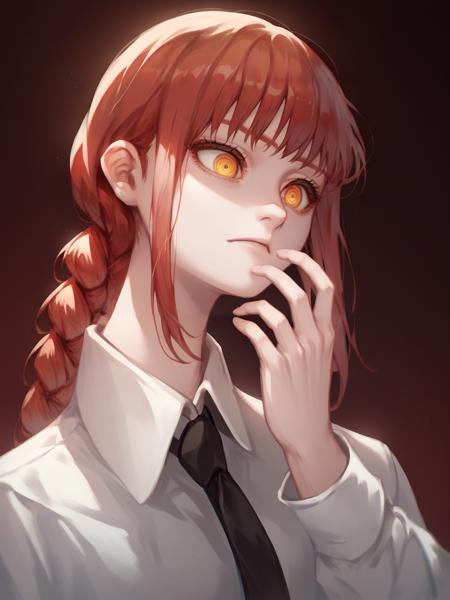 makima, 1girl, yellow eyes, red hair, braided ponytail,  ringed eyes, white collared shirt, black necktie,