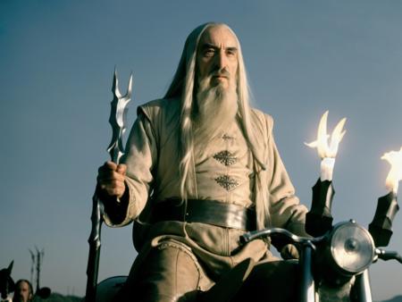 saruman, riding a motorcycle, (wearing a leather hacket and leather pants:1.2), sharp, amazing, bokeh, canon dslr, movie still <lyco:saruman_v1.0:1>