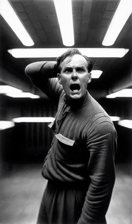 a man, gasping in horror. Art deco, industrial, sci-fi, Movie still Metropolis_e,