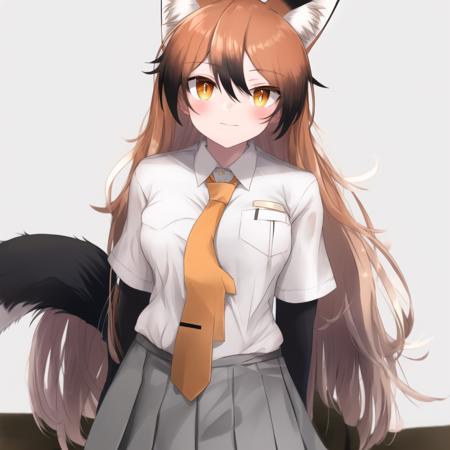 akagitsu, 1girl, solo, animal ears, fox ears, long hair, fox tail, ginger hair, gray pleated skirt, black gloves, black sleeves, white bowtie, black knee-highs, short sleeves, yellow necktie, white shirt, orange sleeves, hair between eyes, very long hair, fur-trimmed sleeves, fox girl, bangs, orange eyes, black loafers, brown tipped ears, black tail, white tipped tail, breast pocket, breasts, detailed shading, detailed ambient light