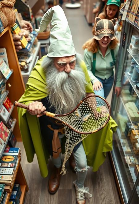 Short male wizard browsing shop, big white beard, white paper cone hat, lime green cape, wielding butterfly net, angry tall female clerk stepping on cape, shop environment, realistic photography, top down angle