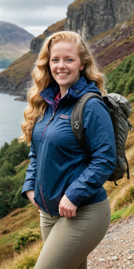 mature curvy fashion model in Scottish highlands hotel, sunlight, smiling . (wearing walking gear), hiking shoes