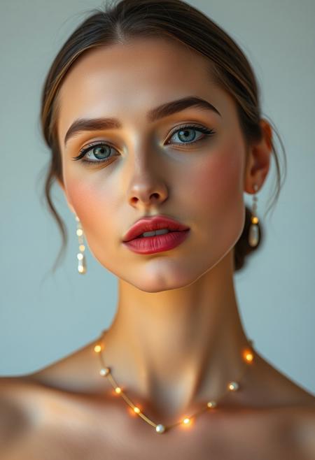 subtle LED-infused jewelry, natural glow, soft lighting, (warm LED accents:1.3) around the neck and earrings, elegant facial lighting, (embedded LED glow:1.5), minimalist beauty tech, (natural skin tone:1.4), soft makeup look, flawless complexion, warm, glowing skin, high-definition, jewelry infused with soft light, (understated elegance:1.4), (glowing LED accents:1.2) highlighting facial features, ultra-realistic textures, seamless integration of technology, smooth skin, natural glow highlighting cheekbones and jawline, soft, warm lighting around the face, gentle under-skin LED accents, (radiant but natural:1.5), tech-infused beauty, subtle glowing effects from jewelry, delicate light reflections, refined elegance, modern beauty with advanced tech, high-resolution, radiant skin