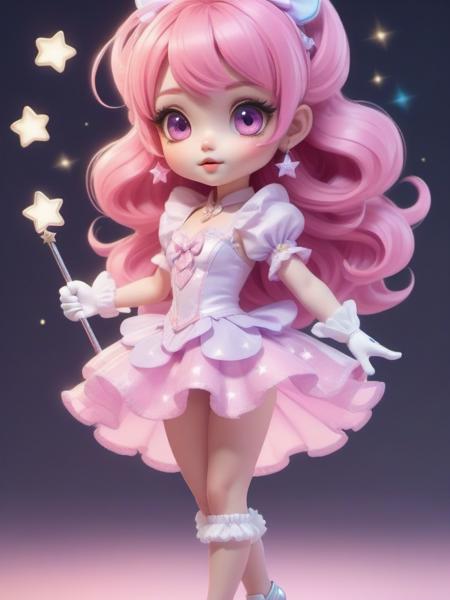 masterpiece,best quality,8k,cinematic light,ultra high res,chibi,1girl,full body,sparkling eyes,pink hair,long hair,hair bow,tiara,frilly dress,skirt,puffy sleeves,gloves,high heels,magical wand,(magical pet:1.1),flying,stars,moon,pastel colors,beautiful detailed background,(sparkles:1.2),glowing effects,dynamic pose,(powerful stance:1.3),action-packed,butterflies,(heart-shaped pupils:0.9),cheerful expression,<lora:chibi:0.5>,chibi,