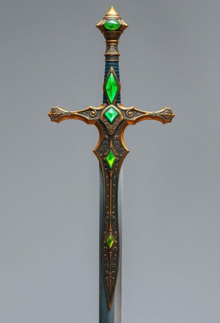 A Highly Detailed Ancient Looking gold Sword With A Single Light green Gem embedded in the hilt