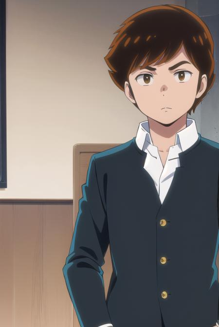 atarumoroboshi, <lora:ataru moroboshi s1-lora-nochekaiser:1>,
ataru moroboshi, brown hair, male focus, (brown eyes:1.5),
BREAK shirt, school uniform, white shirt, collared shirt, pants, black pants, sneakers, gakuran,
BREAK indoors, classroom,
BREAK looking at viewer, (cowboy shot:1.5),
BREAK <lyco:GoodHands-beta2:1>, (masterpiece:1.2), best quality, high resolution, unity 8k wallpaper, (illustration:0.8), (beautiful detailed eyes:1.6), extremely detailed face, perfect lighting, extremely detailed CG, (perfect hands, perfect anatomy),