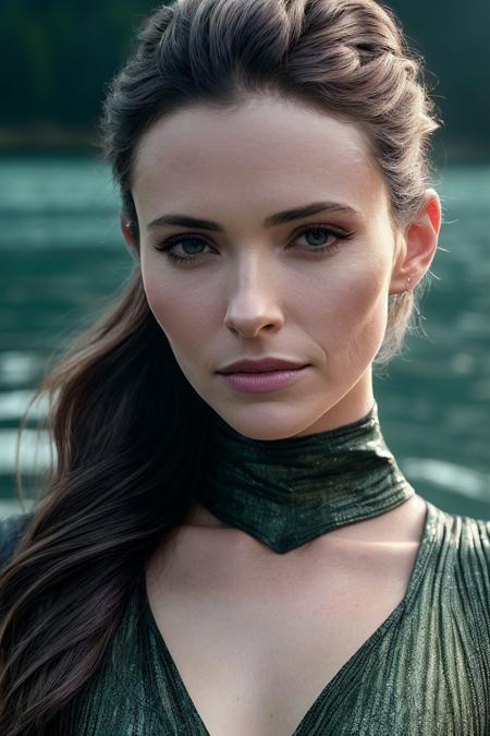 perfect cinematic shoot of a beautiful woman (EP3l1z4b3thTull0ch:.99), a woman standing at a lake shore, perfect high ponytail, wearing sexy gray (shirt), (bioluminescent algae blooms in background:1.2), (detailed background:1.1), (face focus), modelshoot style, (extremely detailed CG unity 8k wallpaper), professional majestic (photography by Roberto Ferri:1.1), 24mm, exposure blend, hdr, extremely intricate, High (Detail:1.1), dramatic, soft cinematic light, (looking at viewer), (detailed pupils),8k, highly detailed, rich environment, 4k textures, soft cinematic light, elegant, ((((cinematic look)))), soothing tones, insane details, hyperdetailed, ("In Jernau we trust!":1.1)