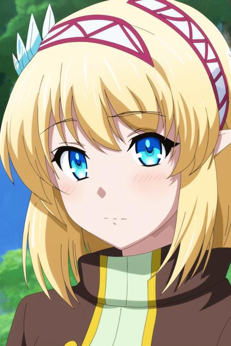 cayna, anime art style, 1girl, solo, looking_at_viewer, bangs, blue_eyes, blonde_hair, pointy_ears, parody, portrait