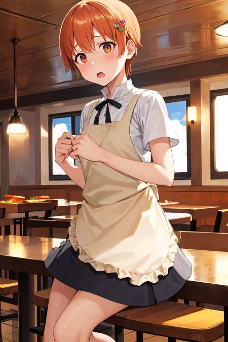 masterpiece, best quality, highres, aamahiru, short hair, hair ornament, neck ribbon, waitress, {yellow apron:1.1), (white shirt:1.2), short sleeves, black skirt, <lora:inami_mahiru_v1:0.7>, surprised, restaurant,