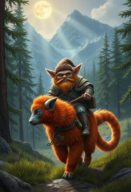 (masterpiece hyperrealisitic, medium format camera shot, moon beams,  high quality, detailing, textures)  A grumpy, seasoned armored gnome ranger riding a vibrant red furred lemur through a lush forest, dnd setting, mountains in the background