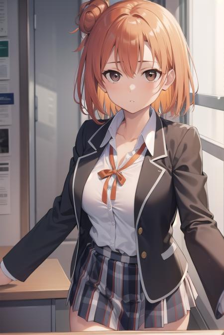 yuiyuigahama, <lora:yuiyuigahama:1>, yuigahama yui, short hair, (brown eyes:1.5), (orange hair:1.2), hair bun, single hair bun, 
BREAK skirt, shirt, ribbon, school uniform, jacket, white shirt, black jacket, blazer, sobu high school uniform, 
BREAK indoors, school, 
BREAK looking at viewer, 
BREAK <lyco:GoodHands-beta2:1>, (masterpiece:1.2), best quality, high resolution, unity 8k wallpaper, (illustration:0.8), (beautiful detailed eyes:1.6), extremely detailed face, perfect lighting, extremely detailed CG, (perfect hands, perfect anatomy),