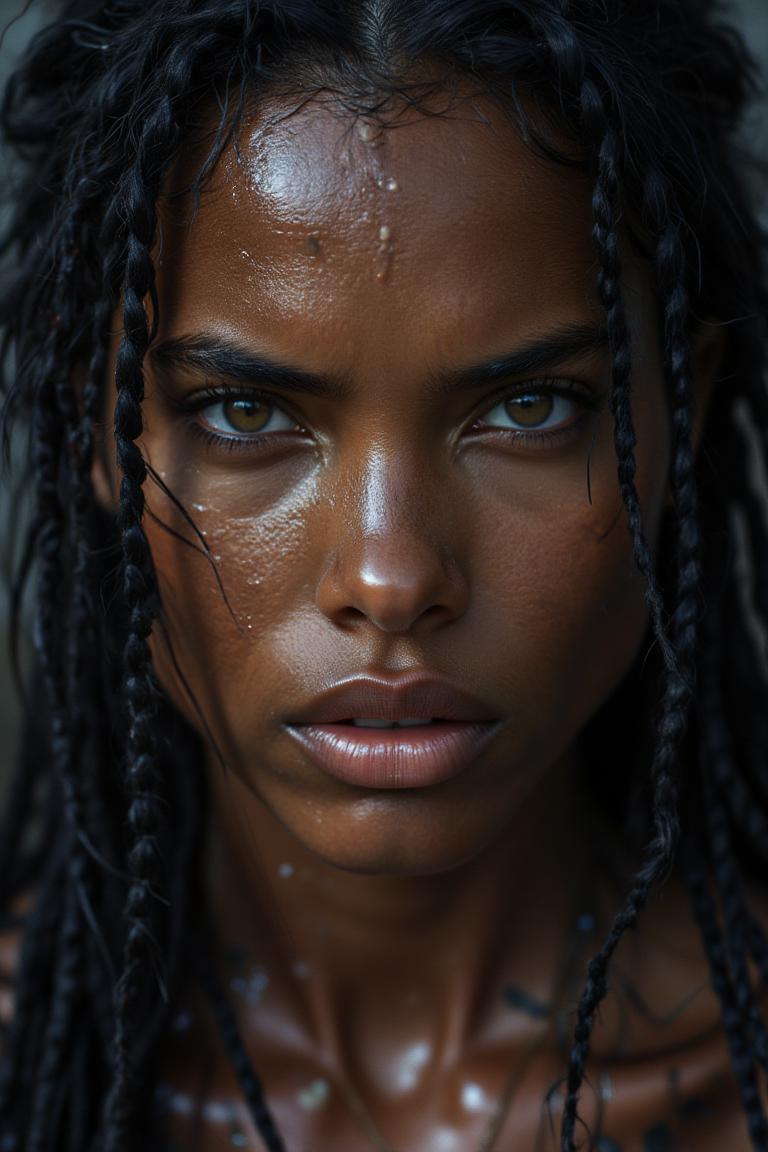 Close-up portrait of a fierce and powerful wild woman, photographed in a realistic style by Annie Leibovitz, with long black braids and intense gaze, showcasing strength and beauty. Visible sweat on skin adds to the realism of the image.