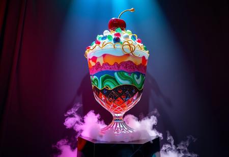 A colossal jewel-themed sundae towers on a polished obsidian pedestal, encased in a diamond-cut crystal chalice that refracts light into vivid rainbows. The sundae’s layers glisten like precious gems:  
- Ruby sorbet: with fiery, crystalline flecks.  
- Sapphire cream: with velvety marbled patterns.  
- Emerald swirl: streaked with golden veins.  
Toppings include faceted candy gems - ruby, sapphire, and emerald - scattered like treasure, iridescent pearl spheres, and cascading ribbons of shimmering gold leaf. A massive garnet-like candy cherry crowns the sundae, supported by sparkling spun platinum sugar threads.
The display glows under dramatic lighting, casting vibrant jewel-toned reflections onto the pedestal and surrounding gallery walls. Mist drifts at the base, enhancing its ethereal presence. The rich jewel tones, bold highlights, and deep shadows create a vivid, hyper-realistic atmosphere, making the sundae feel both luxurious and otherworldly.