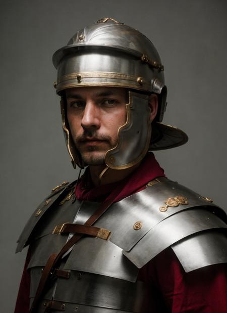 a studio portrait photo of a 40yo man with stubble wearing loriseg armor and helmet, red tunic,  <lora:loriseg_V2-10:0.7>