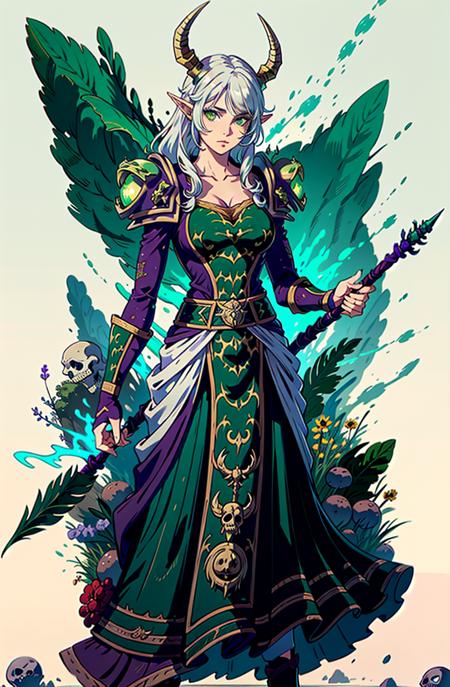 1girl, nemesis, green and purple robes, runes, shoulder armor, gauntlets, belt, elf, pointy ears, white hair, long hair, horns,  <lora:Clothes - Nemesis:0.75> long skirt, holding large magical staff with skulls, green eyes, cowboy shot,
detailed background, dark ritual, summoning circle, magic, cave, dim lighting, glowing runes,