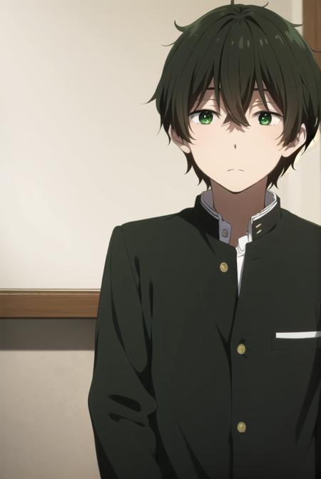 houtarouoreki, <lora:houtarou oreki s1-lora-nochekaiser:1>,
houtarou oreki, short hair, bangs, black hair, hair between eyes, (green eyes:1.5), male focus,
BREAK school uniform, gakuran,
BREAK indoors, classroom,
BREAK looking at viewer, (cowboy shot:1.5),
BREAK <lyco:GoodHands-beta2:1>, (masterpiece:1.2), best quality, high resolution, unity 8k wallpaper, (illustration:0.8), (beautiful detailed eyes:1.6), extremely detailed face, perfect lighting, extremely detailed CG, (perfect hands, perfect anatomy),