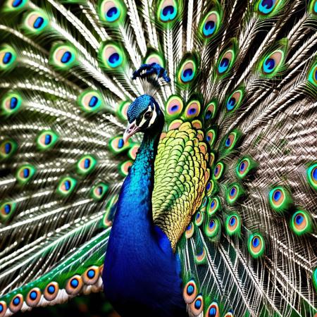 very realistic photograph of a blue peacock is a magnificent ornamental bird native to Asia. The very colorful male displays his magnificent train to seduce females with duller colors (which is common among birds). If several males are in competition, their preference will go to the one with the greatest number of eyespots in its adornment.