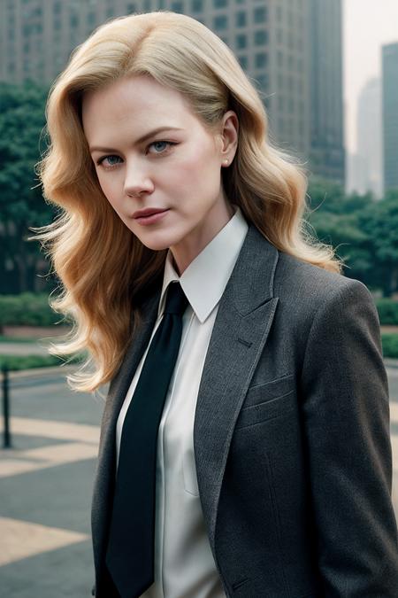 NicoleK_SoloTI_v1,PA7_Portrait-MCU,
posing for a picture, (Clad in a tailored charcoal suit, softened by a silk tie with a hint of color, embodying strength with a touch of tenderness), (An urban park at dawn, with skyscrapers towering overhead, softened by the gentle rustle of leaves, blending toughness with tranquility: 1.3), (seductive:1.3),(analog, cinematic, film grain, hazy atmosphere, cinematic shot:1.3),
<lora:add_detail:0.6>,<lora:LowRa:0>