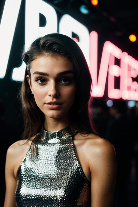 PaigeBonvallet2, ((1970s photograph, upper body, portrait, disco fashion, glittering sequined dress, 1970 hair, Studio 54 disco ballroom backdrop)), vintage Canon AE-1, 50mm f/1.8, 1/60s, ISO 400, ((disco glamour))