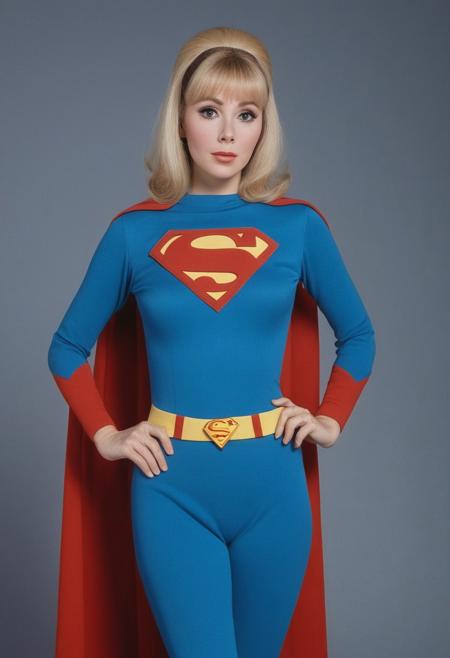 Surrealism, Barbara Eden as Superman, superman uniform, blue uniform