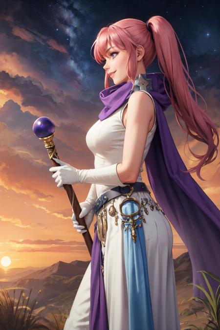 masterpiece, best quality, serra, purple eyes, long white dress, sleeveless, elbow gloves, purple scarf, belt, holding wizard's staff with both hands, from side, sky, red sky, smile <lora:serra-nvwls-v2-000010:0.9>