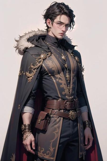 <lora:wrenchftmfshn:1>, wrenchftmfshn, fantasy clothing, cape, fur trim, jewelry, glasses, eyewear strap,