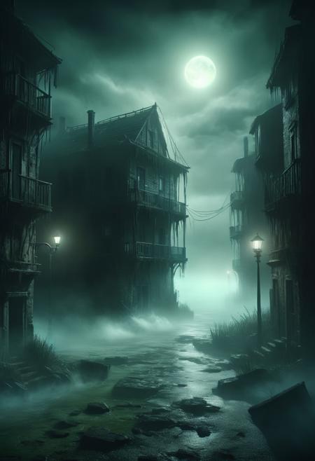 Ancient coastal town, crumbling buildings, dark alleys, eerie green light emanating from the sea, twisted fish-like humanoids lurking, detailed architecture, foggy atmosphere, high detail, high resolution, (cosmic horror, eerie:1.3), (haunting, atmospheric:1.2), (nightmarish:1.4), masterpiece quality <lora:ral-ertmsphr:1>, ral-ertmsphr