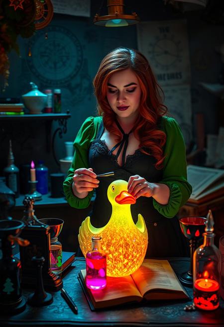 A Curvy feminine goth is building glowing magic duck on a satanic altar, in a dimly lit workshop. The altar is cluttered with dark magic items, potion bottles aglow with colorful and spirited magic fluids, witch's goblet with dark red fluid, black magic book, diagrams on the walls, runes and astrology symbols, exaggerated colorful art,  in a setting where rebellion, decay, and mysticism intertwine, crafting a unique, immersive vibe,hourglass body shape, copper colour hair, purple lipstick, tight green blouse, corset, cleavage, 
autumn magic, Glowing Steampunk Halloween, vicgoth