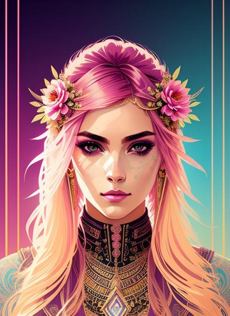 swpunk style synthwave(symmetry:1.1) (portrait of floral:1.05) a woman as a beautiful goddess, (assassins creed style:0.8), pink and gold and opal color scheme, beautiful intricate filegrid facepaint, intricate, elegant, highly detailed, digital painting, artstation, concept art, smooth, sharp focus, illustration, art by greg rutkowski and alphonse mucha, 8k