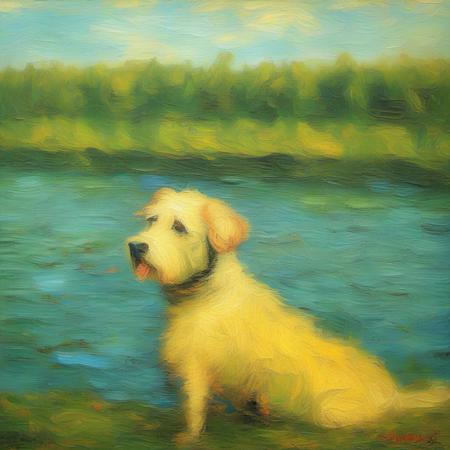 an impressionist painting of a dog by a lake in the style of VanGogh <lora:impressionism:1>