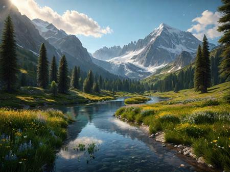 A breathtaking, ultra-realistic landscape of a serene mountain valley during late afternoon. Towering snow-capped mountains rise in the background, reflecting soft golden sunlight. A clear blue river winds gently through the lush green valley, or alternatively a pristine alpine lake mirrors the sky and surrounding peaks. Pine trees and wildflowers dot the landscape, with soft mist hovering near the mountain bases. The atmosphere is tranquil, majestic, and awe-inspiring â perfect natural harmony between land, water, and sky. Photorealistic, high detail, 4K quality.