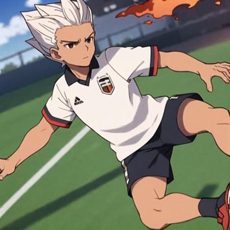 best quality,masterpiece,8k quality,best pixels,<lora:Axel Blaze:0.7>,1boy,mature_man,Axel Blaze,(white hair),soccer field,facing away from the goal,fire on goal,open eyes,hands in air