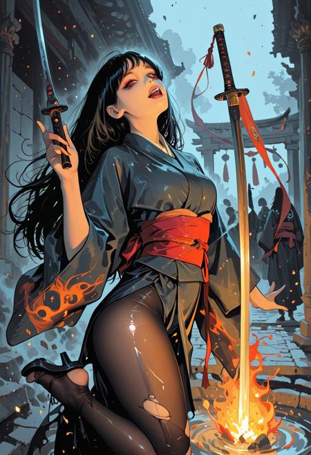 A powerful young woman explodes into motion, frozen mid-strike in a dynamic, airborne pose. She wears a modernized combat kimono—dark, tattered, and reinforced—its fabric flaring around her as she twists through the air. A deep red sash snaps at her waist, and her long black hair trails behind like ink in water, catching embers and light. Her katana is raised, gleaming with deadly precision, the blade tracing a blur through smoke. One leg kicks back for balance, the other aimed downward as she descends with force. Her sharp eyes glow with intensity, locked onto her target. The background is chaos—an ancient temple courtyard in ruin, flames licking stone, banners torn and falling. Smoke coils upward, lit by fire and fading daylight, as she cuts through the scene like a ghost of war and tradition.