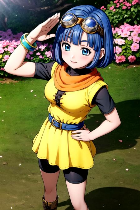 DQ10 seraphi, short hair, bob cut, blue hair, blue eyes, goggles, goggles on head, DQ10 costume, yellow dress, orange scarf, black sleeves, blue belt, bracelet, bare hands, black bike shorts, boots, <lora:DQ10_seraphi_ep20_v5:0.6>, BREAK medium breasts, anmnr, <lora:anmnr01:0.17>, beautiful, masterpiece, 8K resolution, extremely detailed face, 1girl, Beautiful girl, adult girl, 20 years old, eye highlights, from above, looking up, looking at viewer, smile, blush, BREAK (salute:1.3), (hand on hip:1.3), BREAK anime background, outdoors, in forest, flower garden, gentle sunlight, <lora:flat2-dim1:-0.5>