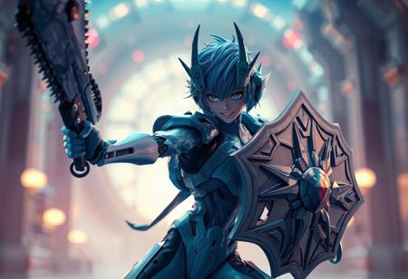 The image showcases a dynamic scene of Doma The Raypunk Angel of Silence, a character from Neon Genesis Evangelion anime series, in a light blue hue. Wielding a Chainsaw Insect in one hand and a Nightmare shield Mirror in the other, Doma The Raypunk Angel of Silence is ready for action. The Ally of Justice Cosmic Gateway is blurred in the background, drawing focus  in 4K, exceptional quality, with detailed facial features, clothes, and vivid emotions. The dynamic pose, captivating lighting, and harmonious colors create a powerful message and joyful impact. Rendered in Octane and trending on ArtstationHQ.