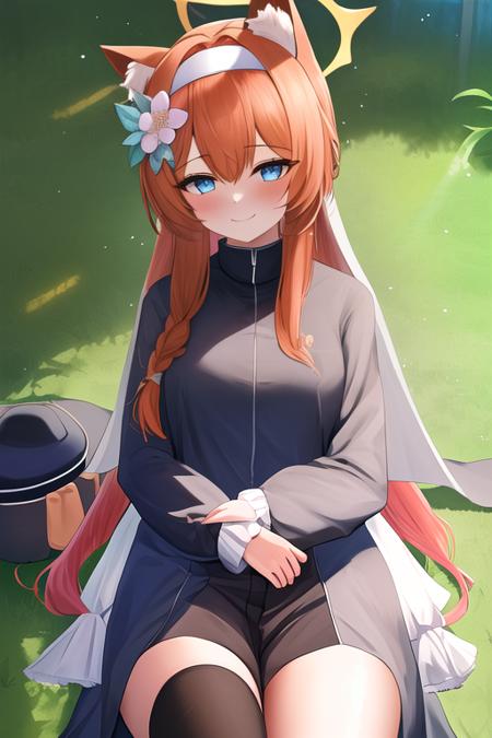 masterpiece, best quality, highres, 1girl, solo, {mari_bluearchive:1.10}, long_hair, orange_hair, halo, blue_eyes, flower, bangs, blush, animal_ears, animal_ear_fluff, hair_ornament, hair_flower, smile, hairband, white_hairband, hair_between_eyes, animal_ear_headwear