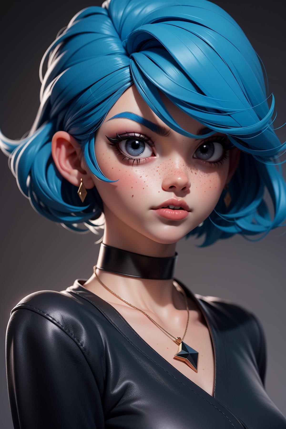 A CGI artwork of a blue-haired anime girl wearing a black shirt and a necklace.