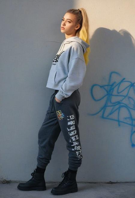 fashion photography, side view,  portrait, upper body, close up, golden hour lighting,
pale 20yo woman leaning on wall, looking into the distance, standing, one one leg drawn, wearing loose pants and loose cropped hoodie, wearing boots, layered muted colorful hair, midriff, graffiti,TWbabeXL01