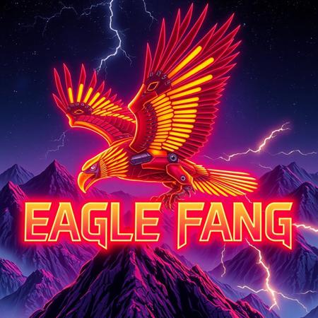 A robotic eagle flying over a mountain-top. red and yellow stripes. fanged beak.
Background mountains at night. Cosmic skyscape.  Synthwave colorscheme. Very realistic, fantasy illustration.
with the words "EAGLE FANG" emblazoned in 3D, intricate, lightning patterns, with a predominantly neon colors,