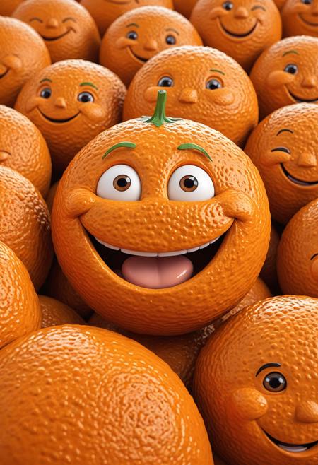illustration, cartoon, soothing tones, calm colors, anthropomorphic Cute funny orange, smiling, funny eyes, funny caricature, humor, cinematic, hyper-detailed, real photo, random angle, rich color, detailed texture, anthropomorphic