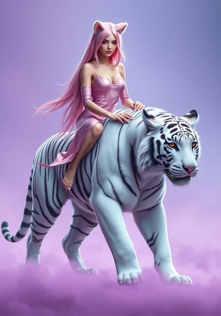 Highly detailed, realistic full-body scene: a mystical figure, a young woman with long, flowing pink hair shimmering softly, sits astride a majestic white tiger, her slender frame exuding an otherworldly grace. Her plush, pink cat ears twitch atop her head, blending seamlessly with her hair. She wears a matching pink jumpsuit—its fabric soft and slightly glossy, clinging to her form, with subtle creases at the joints. The white tiger strides forward, its powerful muscles rippling beneath a pristine coat, black stripes stark against its fur, amber eyes glowing with quiet intensity. Its paws press into a misty, pale purple ground, the haze swirling around them, creating a dreamlike glow. The background fades into a gradient of lavender and soft blue, an endless void that enhances the surreal mood. Her hands rest gently on the tiger’s back, fingers splayed across its fur, her posture calm yet commanding. Every detail—hair strands, fur texture, misty glow, fabric sheen—renders a hauntingly beautiful, ethereal realism.