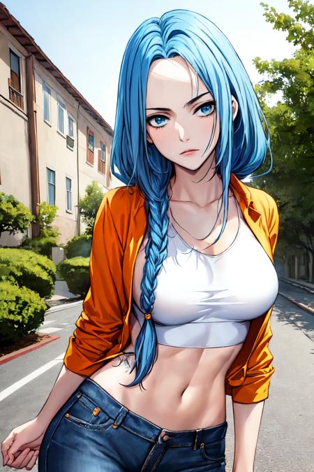 noah, light blue hair, long hair, light blue eyes, open forehead, thighhighs, tattoo, solo braided pigtail on the chest