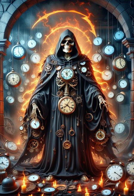 Grim reaper with a cloak made of out of eerie clocks, Fiery underground background, photography, high quality, detailed, realistic