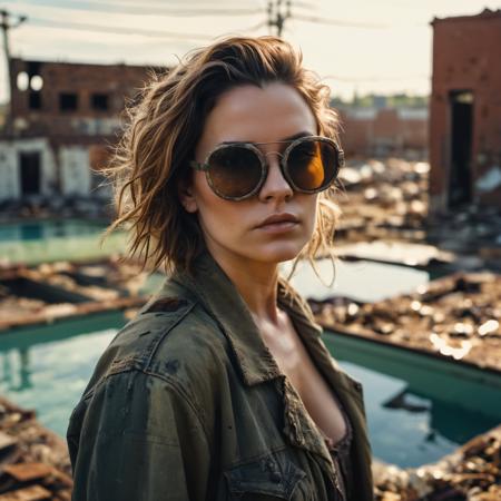 Post-apocalyptic theme, woman in rugged sunglasses, dilapidated pool in a reclaimed urban environment, gritty 4K detail, Kodak dystopian realism, harsh light bokeh, survivalist, reclaimed beauty.