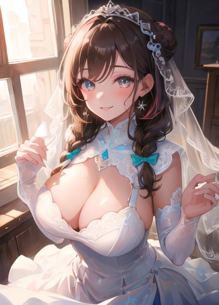 masterpiece, best quality, 1girl, (finely detailed beautiful eyes and detailed face), cinematic lighting, brown hair, long hair, brown eyes, colored eyelashes, curvy, large breasts, sexy, wedding, wedding dress, braided hair bun, (Colorful:1.3), smile, light rays,