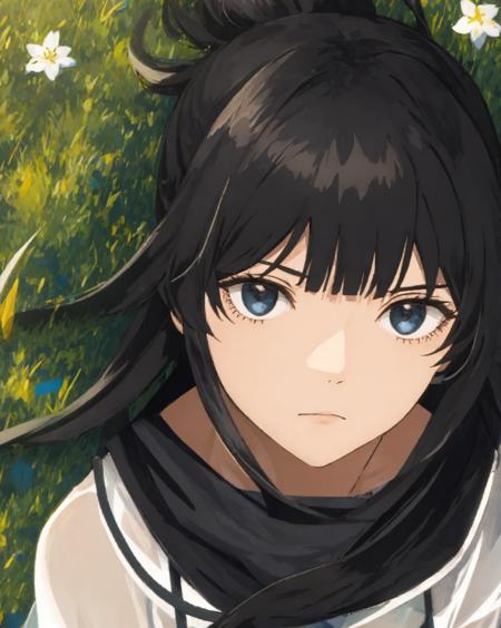 1girl, bangs, black_hair, blurry, close-up, closed_mouth, expressionless, face, grass, long_hair, looking_at_viewer, portrait, solo <lora:chara_AnzuHanashiro:0.8>