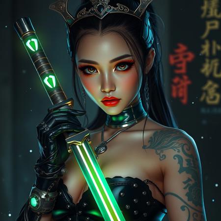 Provocative portrait of a cybernetic samurai holding a glowing sword. Sharp metal meets soft synthetic flesh. Silicone skin. Sexy attire. Preternatural beauty. She has an anime-like face: Cute heart-shaped face, glowing eyes, small chin, puffy lips. She wears a metallic tiara. The scene features bioluminescent tattoos, glowing Chinese runestones, light particles, UV lighting. Hyper-detailed textures. Hyperrealism. Moody, intense atmosphere. Cyberpunk setting.
