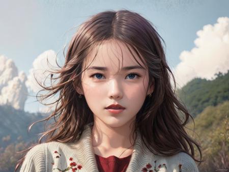 <lora:IU:0.7>, modelshoot style, (extremely detailed CG unity 8k wallpaper), IU, brown eyes, long hair, white shirt, sweater, red lips, professional majestic oil painting by Ed Blinkey, Atey Ghailan, Studio Ghibli, by Jeremy Mann, Greg Manchess, Antonio Moro, trending on ArtStation, trending on CGSociety, Intricate, High Detail, Sharp focus, dramatic, photorealistic painting art by midjourney and greg rutkowski,