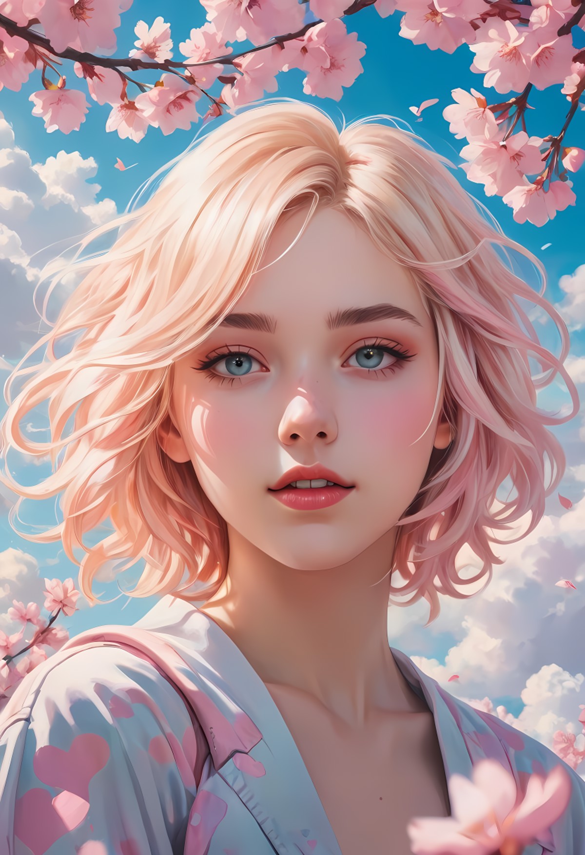 manga style Enchanting beauty of a young woman, adrift amongst heart shaped clouds, reminiscent of photorealistic urban sc...